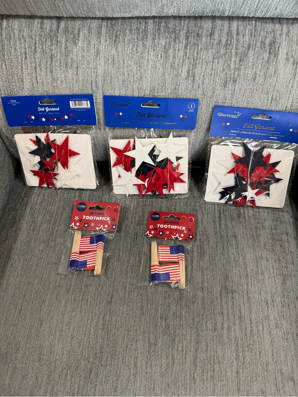 Unwrapped Felt Star Garland & Core Flag Toothpicks - Red, White & Blue Party Set